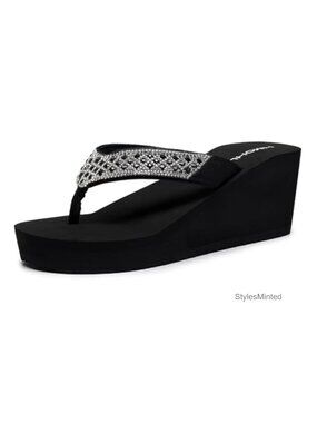 Women's Rhinestone Platform Flip Flops Wedge Sandals Cushion Thong Beach Shoes